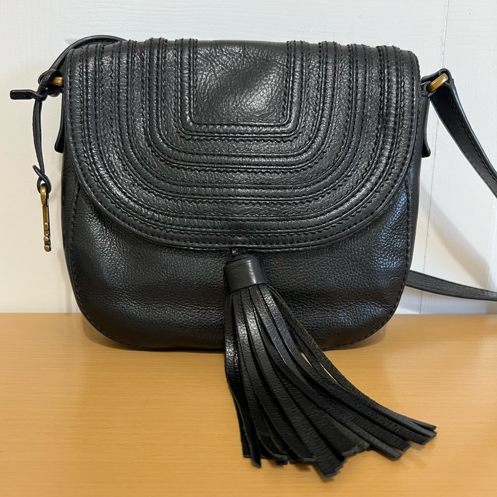 Fossil Emi Tassel Black Leather Crossbody Saddle Bag - Picture 3 of 14